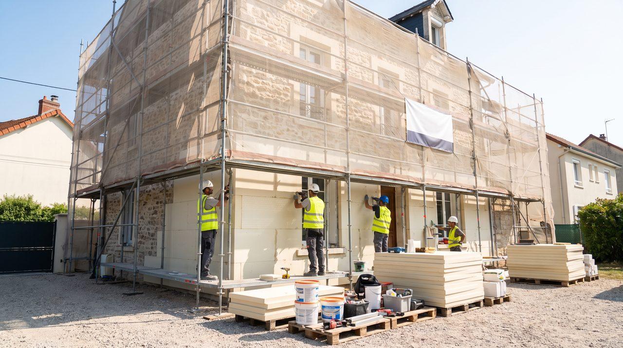 Chantier d’isolation extérieure avec échafaudage