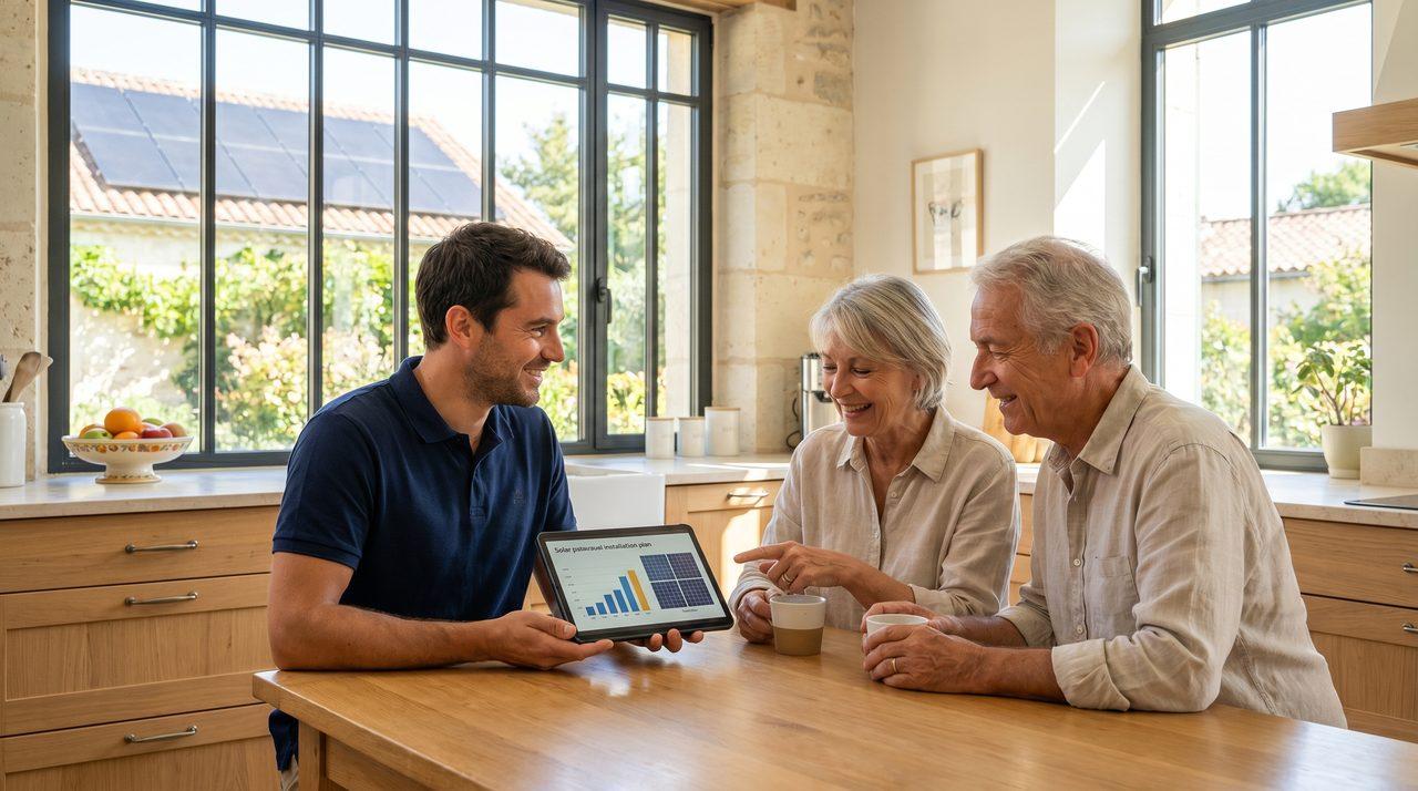 Conseiller présentant un devis solaire sur tablette à un couple