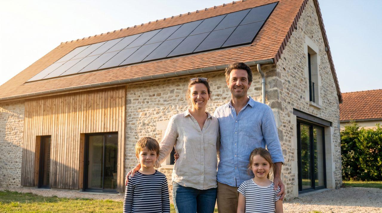 Famille devant sa maison équipée de panneaux solaires