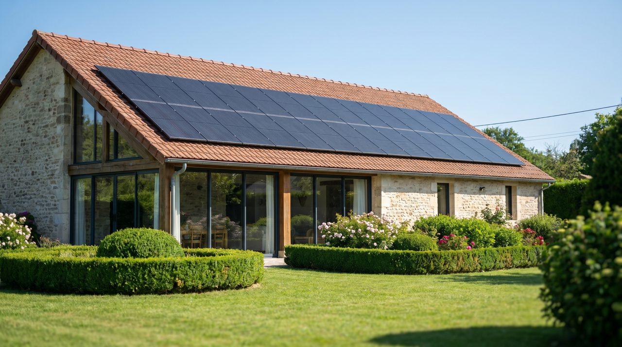 Maison française avec panneaux solaires photovoltaïques sur le toit