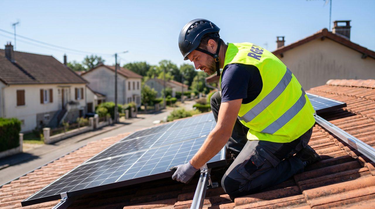 Technicien RGE installant des panneaux solaires sur un toit