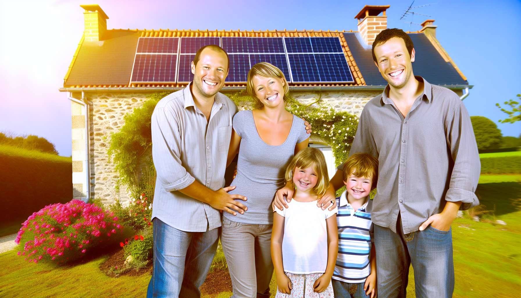 Famille devant sa maison solaire