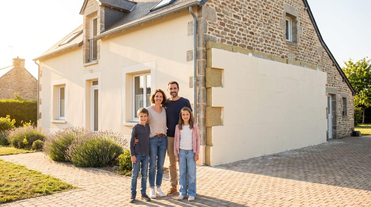Famille devant sa maison à la façade rénovée