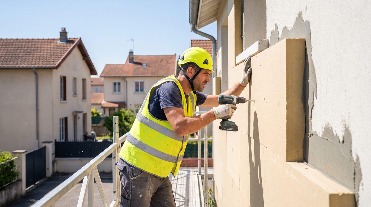 Façadier posant l’isolation extérieure sur échafaudage