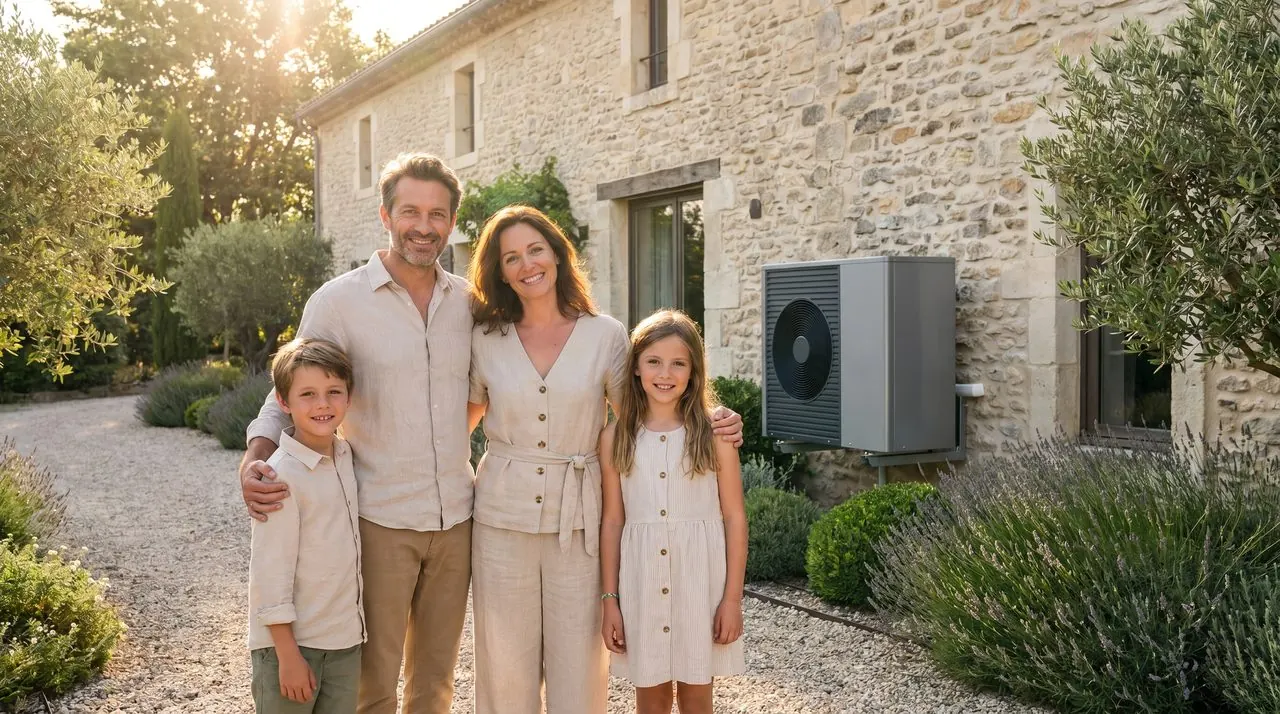 Famille devant sa maison équipée d'une pompe à chaleur