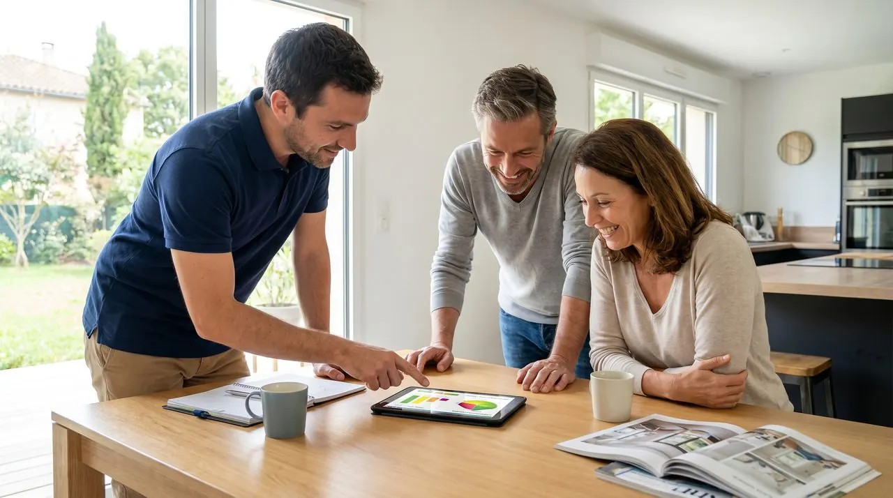 Conseiller présentant la simulation des aides à un couple