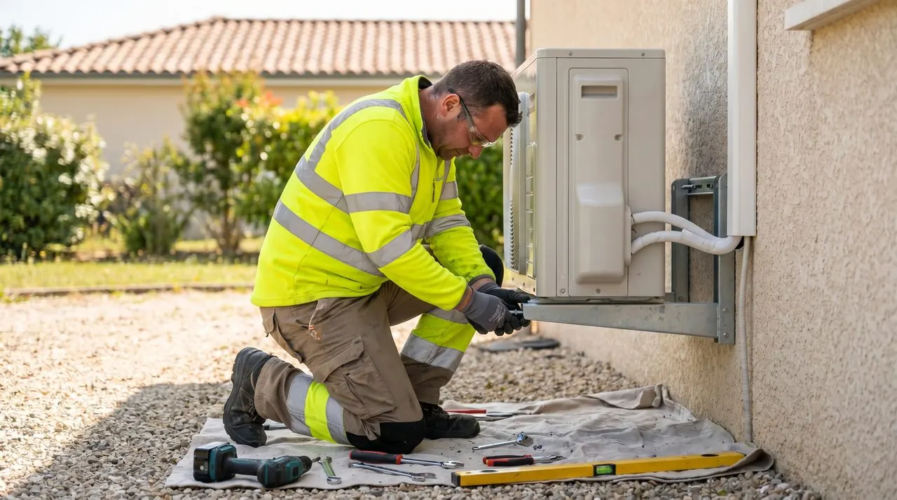 Technicien RGE installant une pompe à chaleur