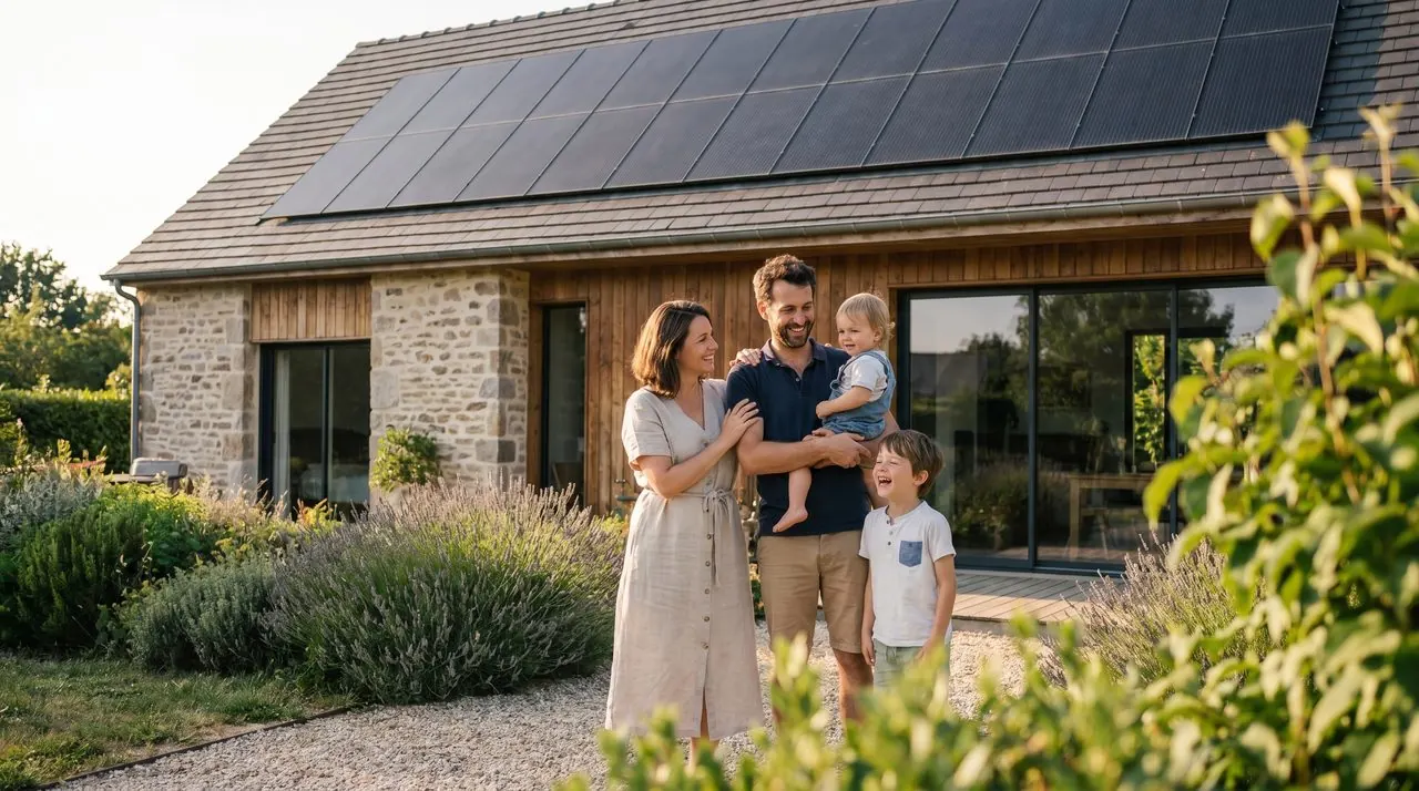 Famille devant sa maison solaire