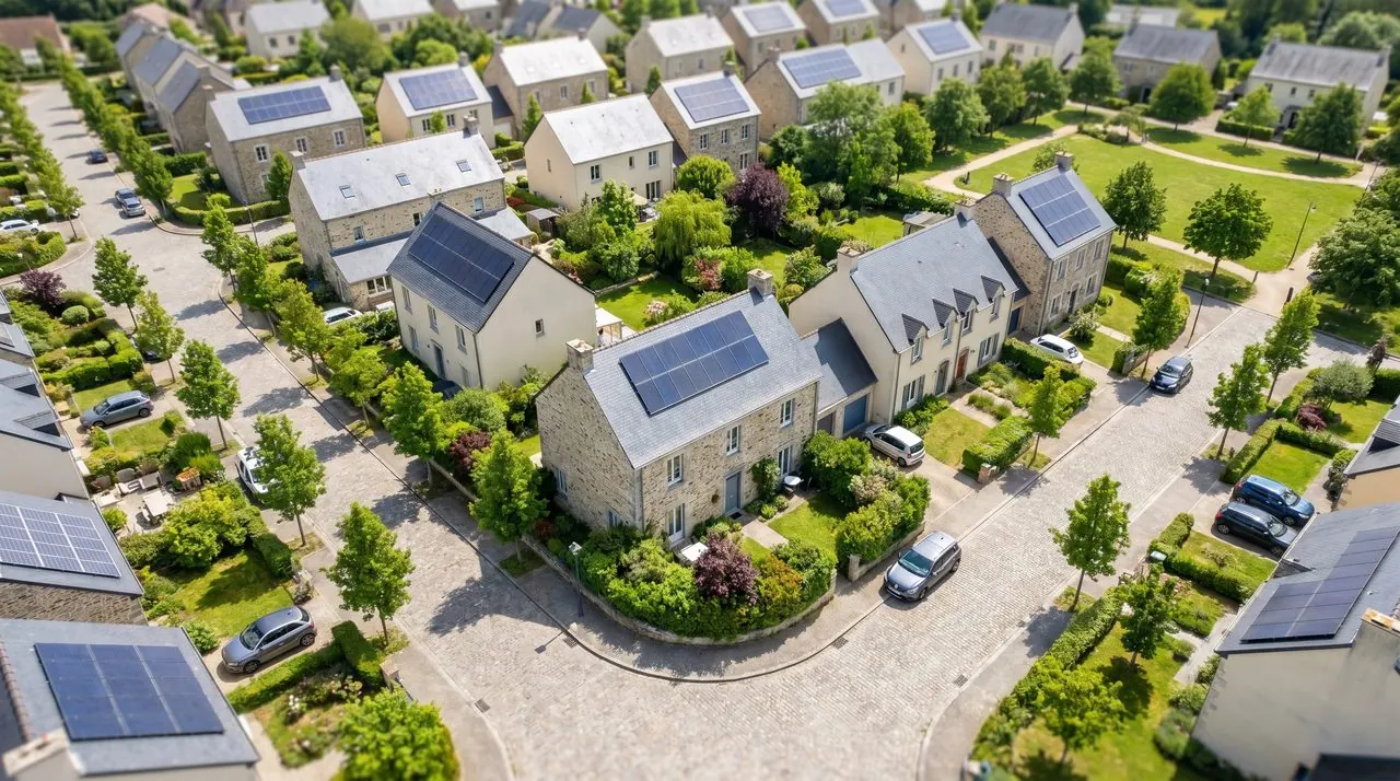 Vue aerienne de toitures solaires